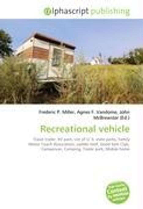 Oben: "alphascript publishing". Titel: "Recreational vehicle". Unten Bild eines Wohnmobils in grasbewachsener Landschaft.