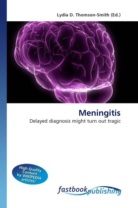 Text: "Meningitis: Delayed diagnosis might turn out tragic." Illustration: Lila leuchtendes Gehirn vor schwarzem Hintergrund.