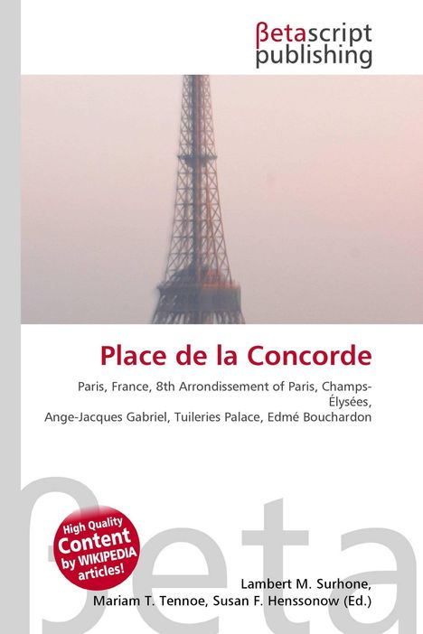 Text: Place de la Concorde, Paris, France, 8th Arrondissement, Champs-Élysées. Illustration eines unscharfen Turms im Hintergrund.