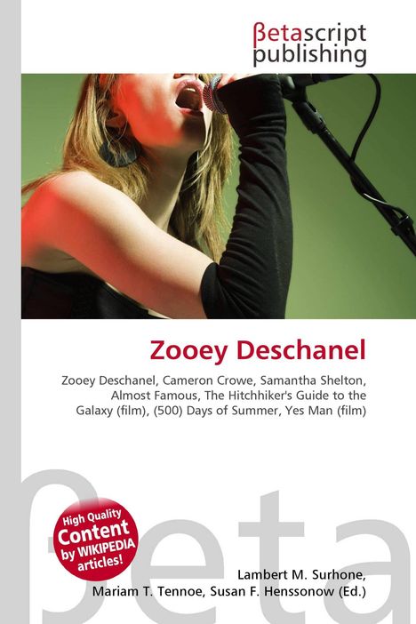 "Zooey Deschanel" steht in großer roter Schrift, darunter Filmtitel. Eine Person singt in ein Mikrofon.