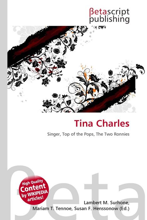 "Tina Charles, Sängerin, Top of the Pops, The Two Ronnies" in modernem, floralem Design mit schwarzem und rotem Muster.