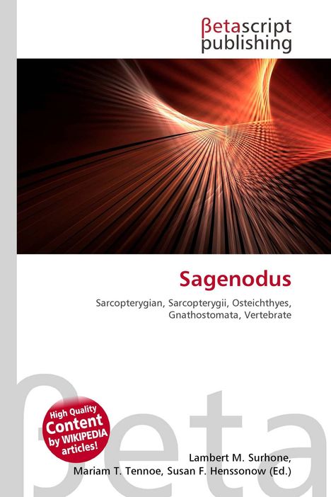 Titel: Sagenodus. Begriffe: Sarcopterygian, Osteichthyes, Wirbeltier. Logo: Betascript Publishing. Dynamische, rot-schwarze Grafik.