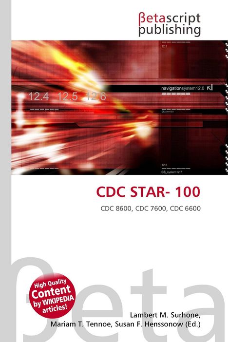 "CDC STAR-100, CDC 8600, CDC 7600, CDC 6600" in roter und grauer Schrift. Oberer Teil mit rot-gelbem abstrakten Muster.