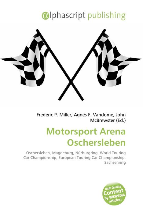 Alphascript Publishing, Motorsport Arena Oschersleben, mit karierten Flaggen und einem grünen Qualitätssiegel.
