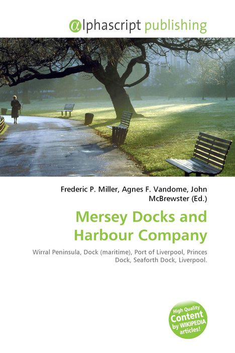 Alphascript publishing, Mersey Docks and Harbour Company. Ein Weg im Park mit Bänken und großen Bäumen.