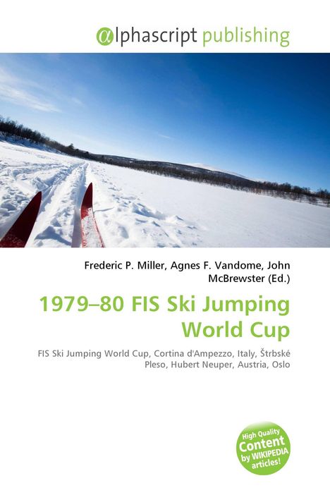 „1979–80 FIS Ski Jumping World Cup“ mit rotem Ski auf schneebedecktem Weg unter klarem blauem Himmel.