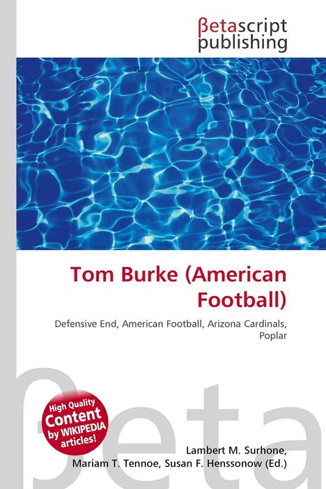 "Tom Burke (American Football)" in Rot, Bild von blauem Wasser mit weißen Lichtreflexionen, „betascript publishing“-Logo oben.