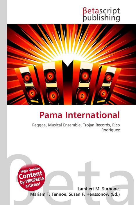 "Pama International" in Rot, Reggae-Themen; unten Betascript-Logo; Hintergrund: Lautsprecher und orangerote Strahlen.