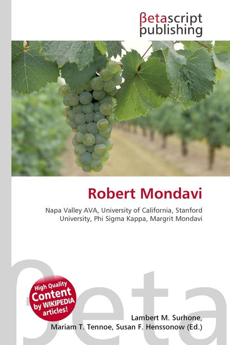"Robert Mondavi", "Napa Valley AVA, University...", Logo "Betascript Publishing". Weintrauben im Vordergrund.