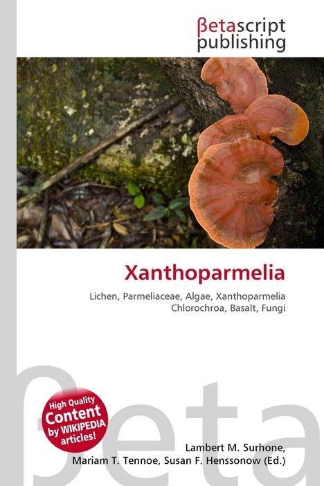 "Xanthoparmelia" in roter Schrift, Informationen über Flechten und Algen. Herausgeber sind Lambert M. Surhone et al.