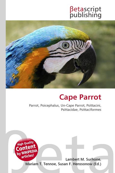 "Cape Parrot" steht in großen roten Buchstaben. Ein Papagei mit blauem, gelbem und grünem Gefieder ist abgebildet.