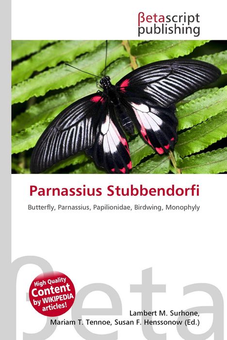 "Parnassius Stubbendorfi" in kräftigem Rot, Papillonidae, grüner Hintergrund, schwarzer Schmetterling mit roten Flecken.