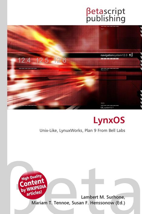 "Betascript publishing", "navigation system 12.0", "LynxOS", mehrere Linien und Zahlen auf rotem Hintergrund.
