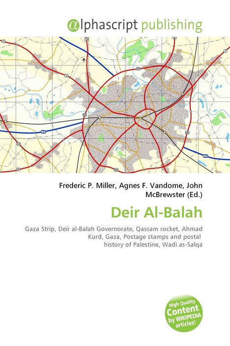 "Deir Al-Balah" steht zentral in Grün, darunter Themen zu Gaza. Oben "Alphascript Publishing". Hintergrund zeigt eine bunte Landkarte.