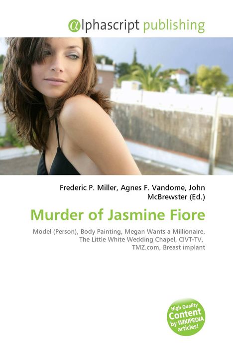 Titel: "Murder of Jasmine Fiore." Bild einer Frau in ärmellosem Oberteil, draußen, mit unscharfem Hintergrund.