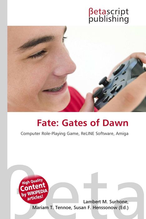 Text: "Fate: Gates of Dawn. Computer Role-Playing Game, ReLINE Software, Amiga." Ein Junge lächelt und hält einen Controller.