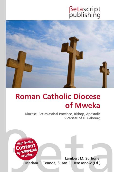 "Roman Catholic Diocese of Mweka" steht in Rot; darunter weitere kirchliche Begriffe. Im Hintergrund drei Kreuze und blauer Himmel.