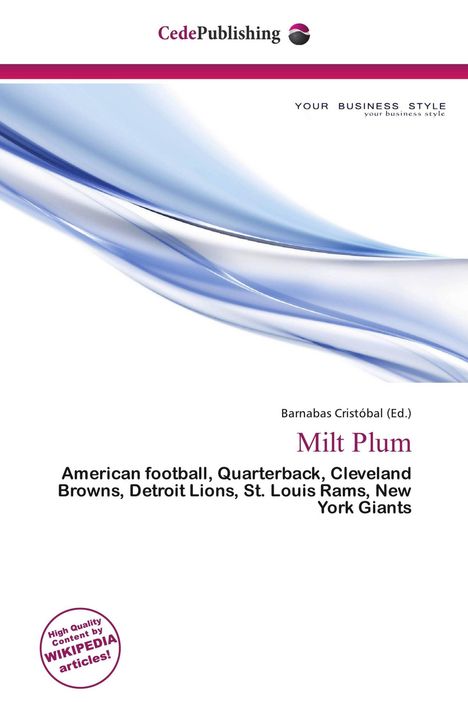 "CedePublishing"; "YOUR BUSINESS STYLE"; "Milt Plum"; "American football..."; wellenförmiges blaues Design auf weißem Hintergrund.