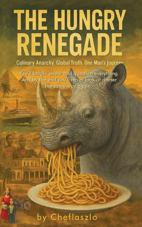 Text: "The Hungry Renegade", "Culinary Anarchy. Global Truth. One Man's Journey", "by Cheflaszlo". Illustration: Nashorn isst Spaghetti.