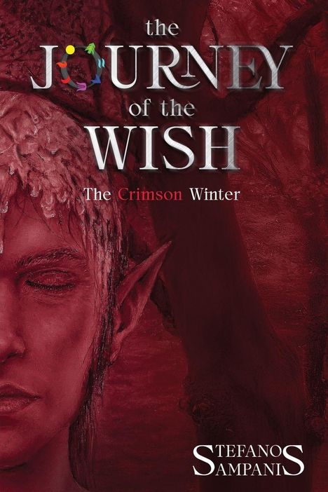 „The Journey of the Wish: The Crimson Winter“ in silberner und roter Schrift, auf einem roten Hintergrund mit Elfenabbildung.