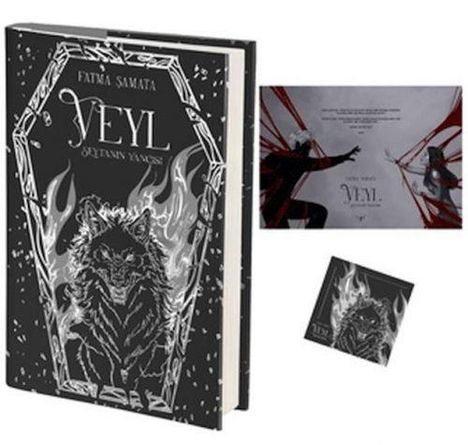 Buchcover "Veyl" von Fatma Samata. Illustration: Wolf mit Flammen; zusätzlich eine geöffnete Buchinnenseite sichtbar.