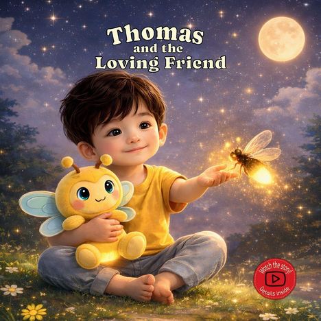 "Thomas and the Loving Friend." Ein Kind mit einem Kuscheltier sitzt im Gras und hält ein leuchtendes Glühwürmchen.