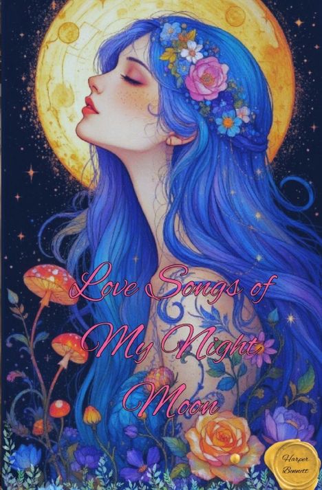 "Love Songs of My Night Moon." Illustration einer Frau mit blauem Haar, florale Motive, großer Mond im Hintergrund.