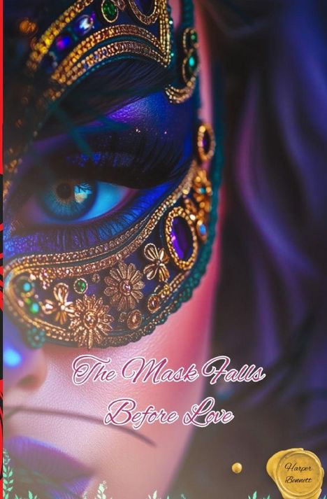 "The Mask Falls Before Love" in eleganter Schrift über einer verzierten Maske mit bunten Edelsteinen um ein blaues Auge.