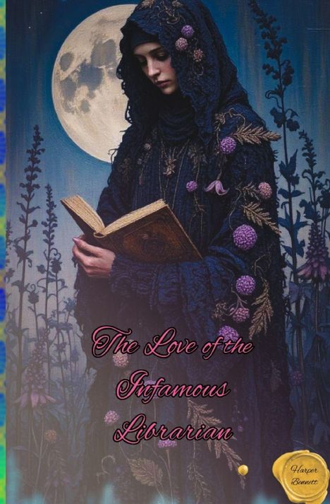 Text: „The Love of the Infamous Librarian.“ Illustration: Frau in besticktem Gewand, hält ein Buch, Vollmond im Hintergrund.
