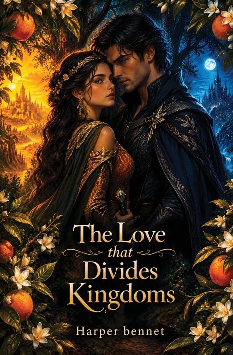 "The Love that Divides Kingdoms" in geschwungener Schrift. Illustration: Gesicht, von bunten Blättern umrahmt, links warm, rechts kühl.