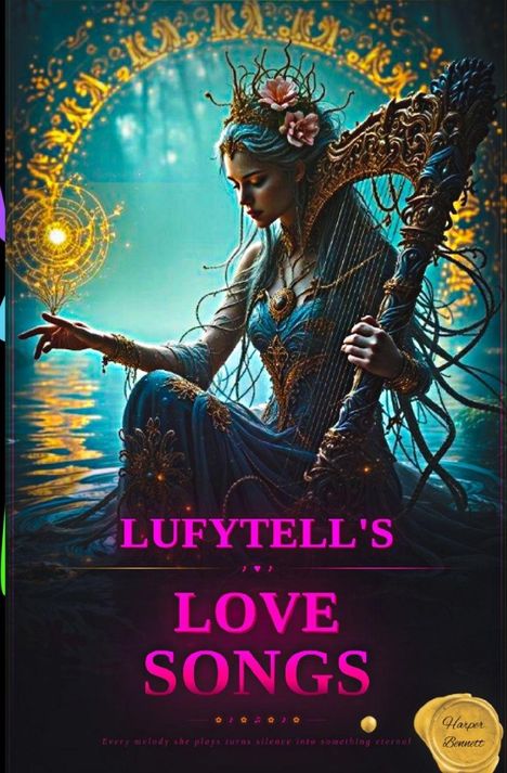 Text: "LUFYTELL'S LOVE SONGS" und "Every melody she plays turns silence into something eternal." 
Illustration: Frau mit Harfe am Wasser.
