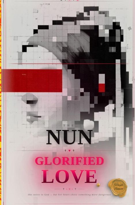 Text: "THE NUN", "GLORIFIED LOVE." Darunter ein Zitat: "She swore to God — but her heart chose something more dangerous." Eine stilisierte Illustration eines Gesichts mit roten und schwarzen Pixelmustern.