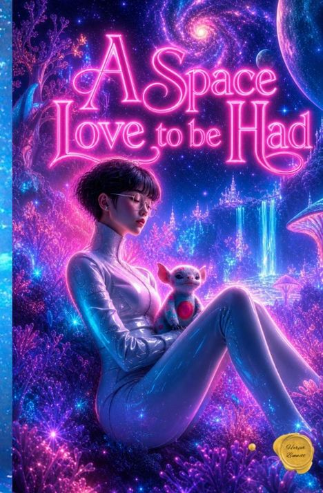 „A Space Love to be Had“ in leuchtenden rosa Buchstaben. Frau im futuristischen Anzug mit Fantasiewesen, kosmische Landschaft.