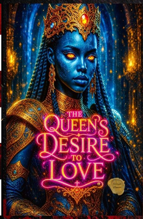 "The Queen's Desire to Love." Eine blauhäutige Königin mit goldener Krone, glühenden Augen und prächtigem Schmuck.