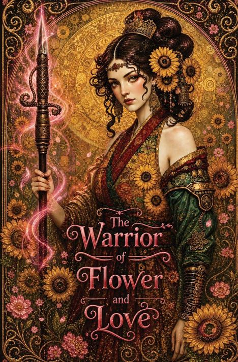 "The Warrior of Flower and Love." Eine Frau in prächtiger Rüstung, umgeben von Sonnenblumen und floralen Mustern.