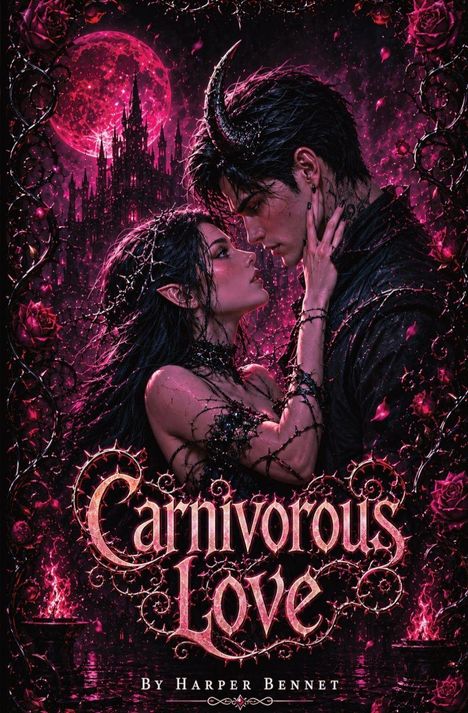 „Carnivorous Love“ von Harper Bennet. Illustration: Zwei Figuren, Hörner, Dornen, im Hintergrund ein gotisches Schloss, roter Mond.