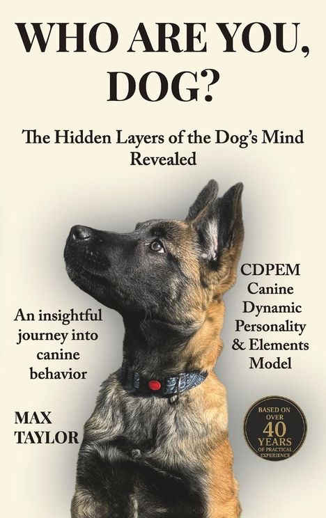 "Buchcover: 'Who Are You, Dog?' Hund im Profil nach oben blickend, beige Hintergrund. Autor: Max Taylor."