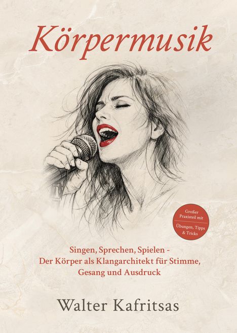 Titel: "Körpermusik". Untertitel über Gesang und Ausdruck. Illustration: Frau singt leidenschaftlich ins Mikrofon. Autor: Walter Kafritsas.
