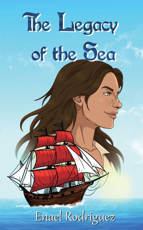 „The Legacy of the Sea“ und „Enael Rodriguez“. Illustration: Frau im Profil vor blauem Himmel und ein Segelschiff mit roten Segeln.