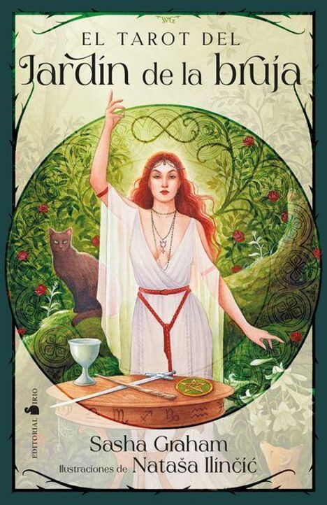 "El Tarot del Jardín de la Bruja." Eine Frau in einem Garten, hebt eine Hand, auf einem Tisch liegen ein Kelch und ein Stab.