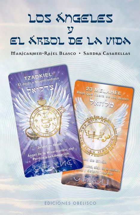 Text oben: "LOS ÁNGELES Y EL ÁRBOL DE LA VIDA". Zwei Karten mit Engelsflügeln und goldenen Symbolen. Unten: "EDICIONES OBELISCO".