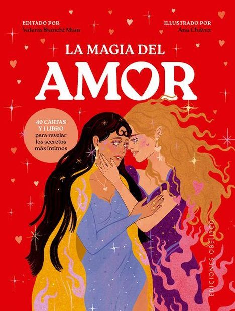 "LA MAGIA DEL AMOR" in großen Buchstaben, zwei Frauen umarmen sich innig, umgeben von Herzen. Illustration.