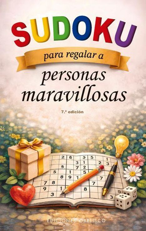 "SUDOKU para regalar a personas maravillosas. 7.ª edición." Offenes Sudoku-Buch, Geschenkbox, Herz und Glühbirne.