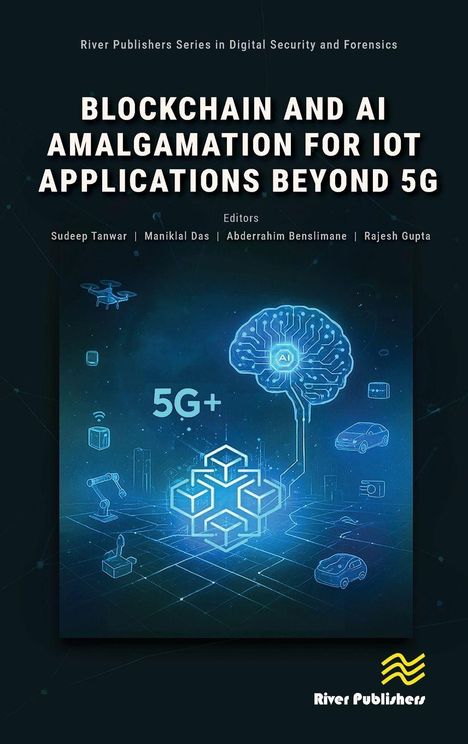„Blockchain and AI Amalgamation for IoT Applications Beyond 5G“, technische Illustrationen, Gehirn und 5G+-Symbol.