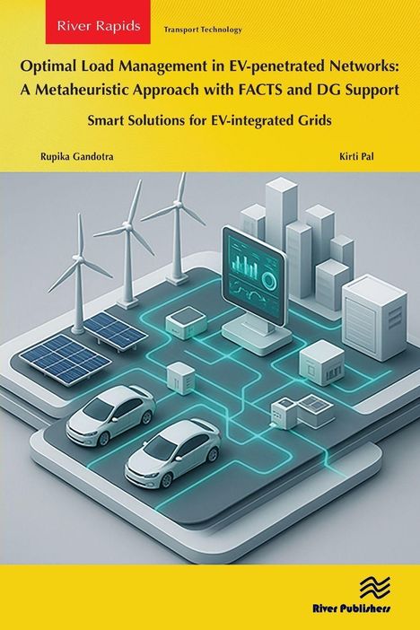 Titel: Optimal Load Management in EV-penetrated Networks. Illustration: E-Autos, Solarpanele, Windräder, Stadt.