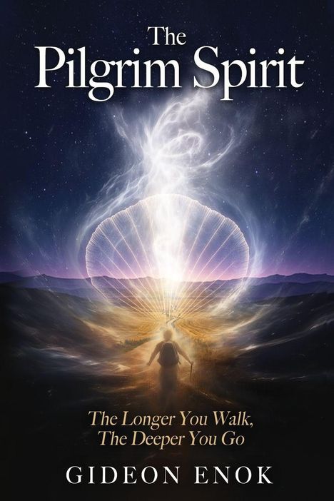 "The Pilgrim Spirit", "The Longer You Walk, The Deeper You Go", GIDEON ENOK. Ein Mensch wandert auf einem leuchtenden Pfad.