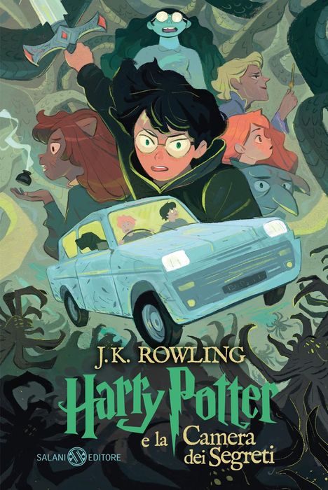 J.K. ROWLING, Harry Potter e la Camera dei Segreti. Illustration von Figuren, darunter ein Junge mit Brille, Auto und Schlange.