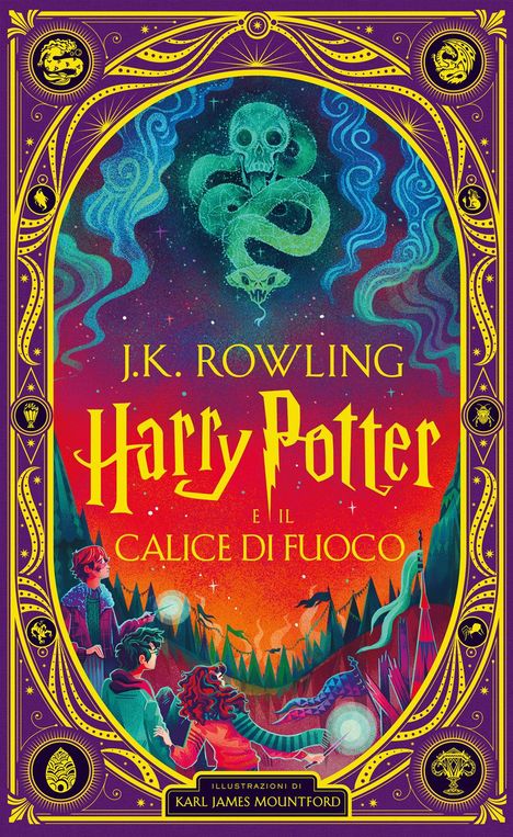 „J.K. Rowling. Harry Potter e il Calice di Fuoco.“ Illustration eines Schädels mit Schlange. Drei Figuren am unteren Rand.