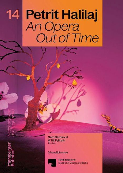 Titel: "Petrit Halilaj: An Opera Out of Time". Blühender Baum vor pinkem Hintergrund, gelbe Blätter, Blüten.