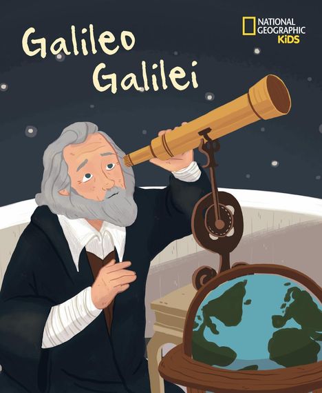 „Galileo Galilei“ in gelber Schrift. Illustration eines Mannes mit grauem Bart, der durch ein Teleskop schaut.